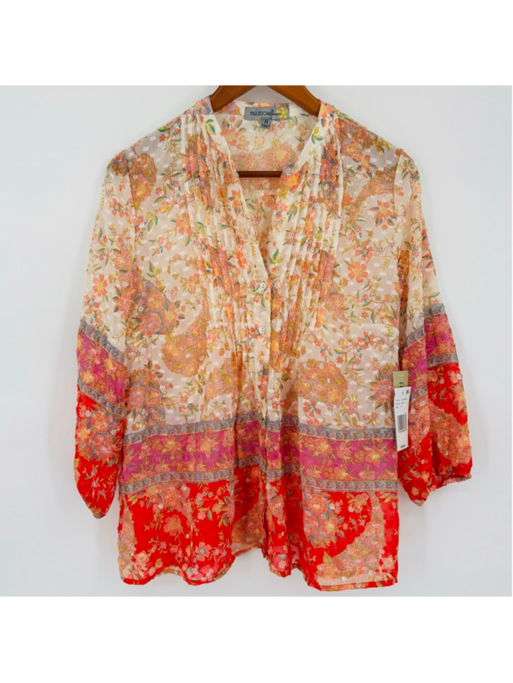 NWT Figueroa & Flower Floral Pintuck Blouse M Pink Paisley